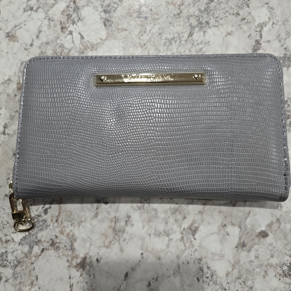 Betsey Johnson Zip Around Gray Textured Wallet Pink Interior Gold Hardware